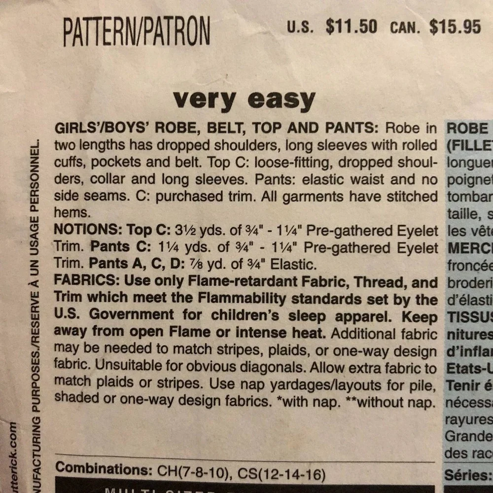 Butterick Sewing pattern 4652 kids pajamas and robe sz7